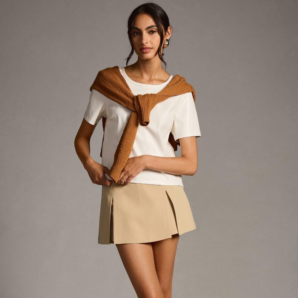 Anthropologie White Short-Sleeve Crewneck Tee with Tan Sweater Accent